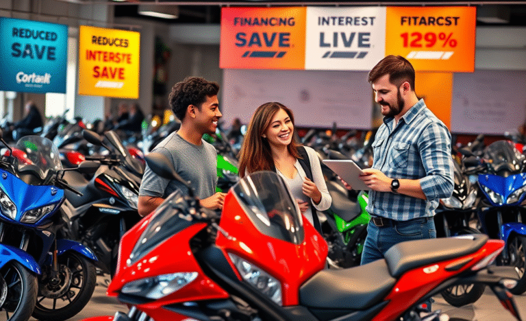 Imagem de uma motocicleta com destaque para as opções de financiamento com juros reduzidos.