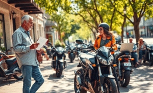 Um autônomo feliz recebendo a chave de sua nova moto financiada.