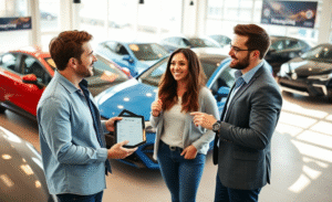 Imagem ilustrativa sobre financiamento de veículos sem burocracia mostrando um carro novo e uma tela de simulação financeira.